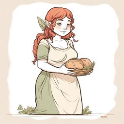 An ancient sketch style image of a female gnome Druid with green eyes, a rosy complexion, very large covered breasts, a short and fat body, and red curly hair pinned up