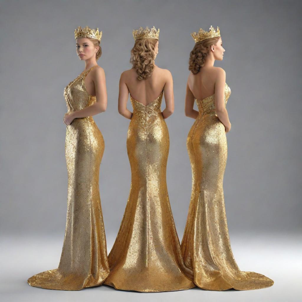 A golden 3D image portraying young pageant winners as a king and queen, standing back-to-back, facing away from the viewer. Their regal attire and victorious postures are glossed in a rich, gleaming gold.