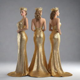 A golden 3D image portraying young pageant winners as a king and queen, standing back-to-back, facing away from the viewer. Their regal attire and victorious postures are glossed in a rich, gleaming gold.