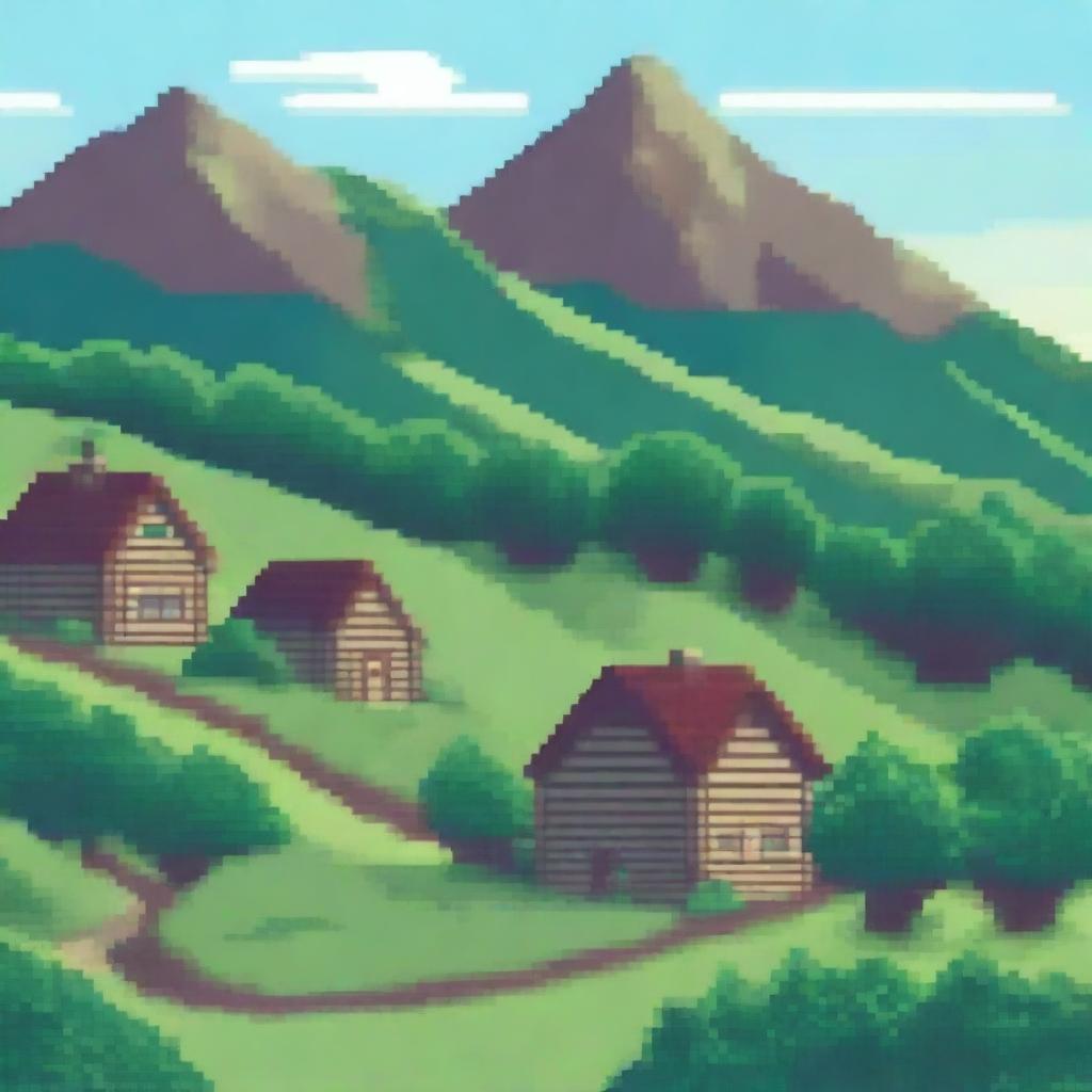 A pixel art landscape of a valley with a house in the background