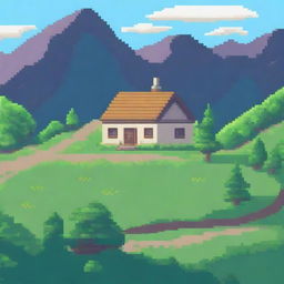 A pixel art landscape of a valley with a house in the background