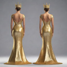 A golden 3D image portraying young pageant winners as a king and queen, standing back-to-back, facing away from the viewer. Their regal attire and victorious postures are glossed in a rich, gleaming gold.