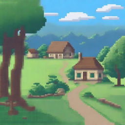 A pixel art landscape of a valley with a house in the background