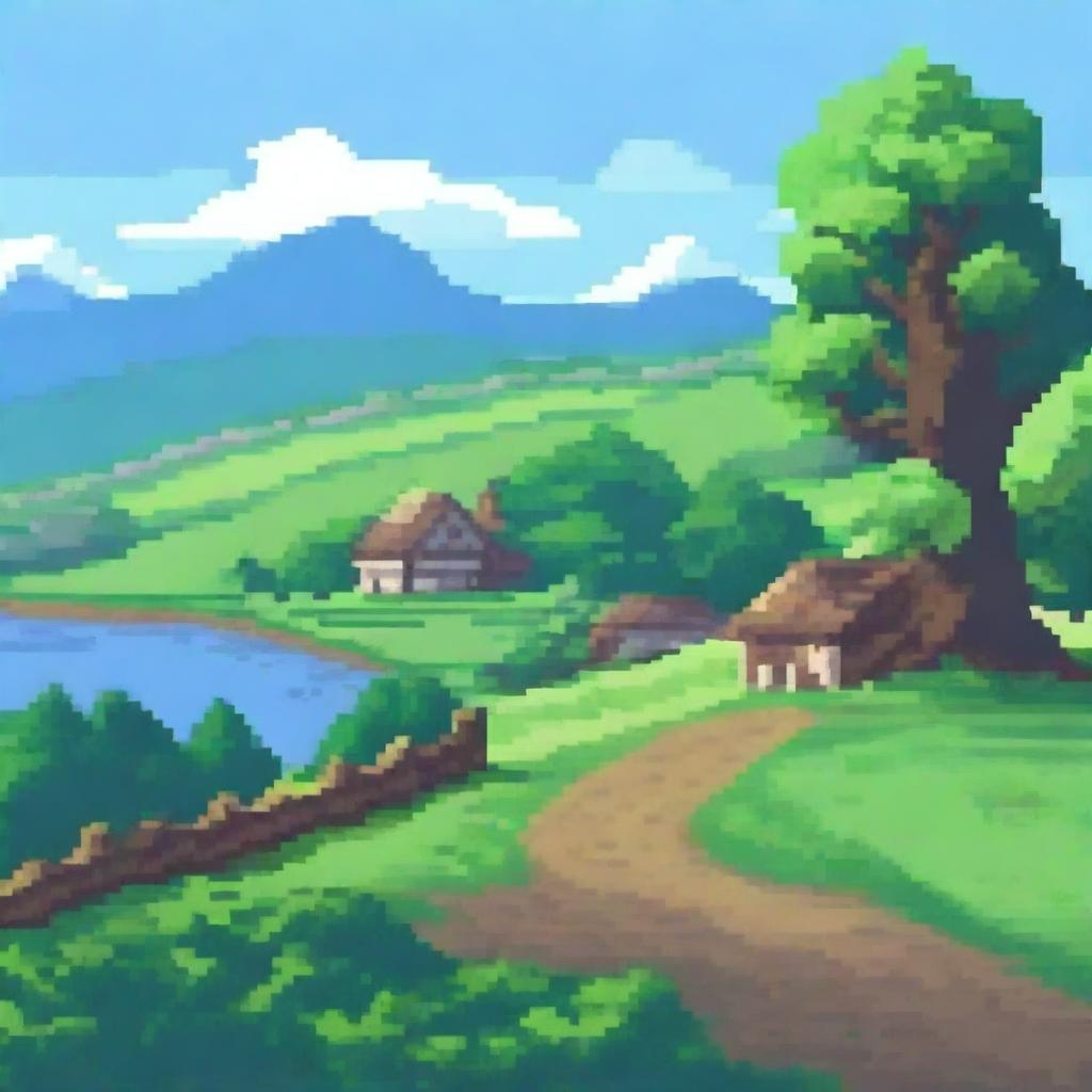 A pixel art landscape of a valley with a house in the background