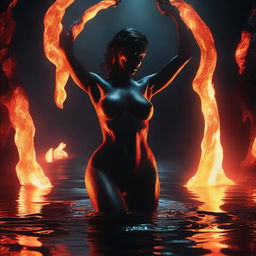 A dramatic action scene showing a demonic seductress erupting naked from a glowing lake of lava in a dark and foreboding underworld setting