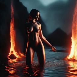 A dramatic action scene showing a demonic seductress erupting naked from a glowing lake of lava in a dark and foreboding underworld setting