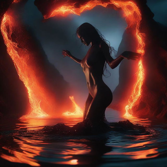 A dramatic action scene showing a demonic seductress erupting naked from a glowing lake of lava in a dark and foreboding underworld setting