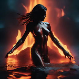 A dramatic action scene showing a demonic seductress erupting naked from a glowing lake of lava in a dark and foreboding underworld setting