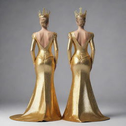 A golden 3D image portraying young pageant winners as a king and queen, standing back-to-back, facing away from the viewer. Their regal attire and victorious postures are glossed in a rich, gleaming gold.