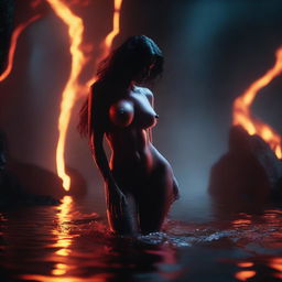 A dramatic action scene showing a demonic seductress frolicking naked in a glowing lake of lava in a dark and foreboding underworld setting