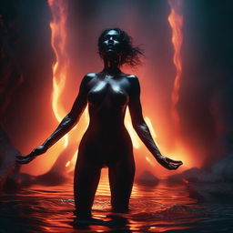 A dramatic action scene showing a demonic seductress frolicking naked in a glowing lake of lava in a dark and foreboding underworld setting