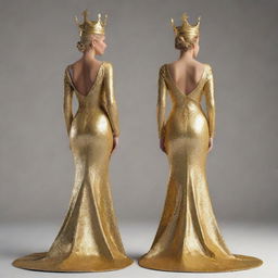 A golden 3D image portraying young pageant winners as a king and queen, standing back-to-back, facing away from the viewer. Their regal attire and victorious postures are glossed in a rich, gleaming gold.