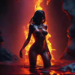 A demonic seductress frolicking naked in a glowing lake of lava inside a tropical volcano