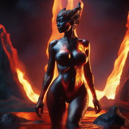 A demonic seductress frolicking naked in a glowing lake of lava inside a tropical volcano