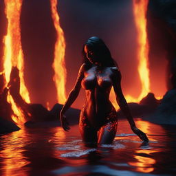 A demonic seductress frolicking naked in a glowing lake of lava inside a tropical volcano