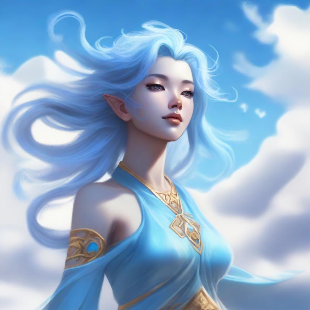 A female air genasi, with ethereal, wind-swept hair that seems to float around her head