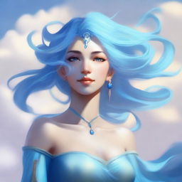 A female air genasi, with ethereal, wind-swept hair that seems to float around her head