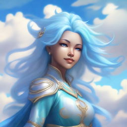 A female air genasi, with ethereal, wind-swept hair that seems to float around her head