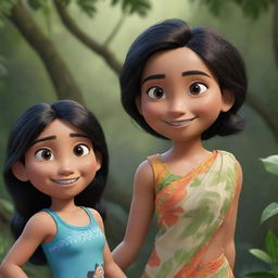 Two Disney-Pixar style characters interacting playfully. The first, an athletic girl in a gym suit, with black hair set in a jungle; a detailed, closeup shot. The second, a cute girl in a traditional Indian saree, with black hair.