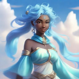 A cute female air genasi with wind-swept hair floating around her head