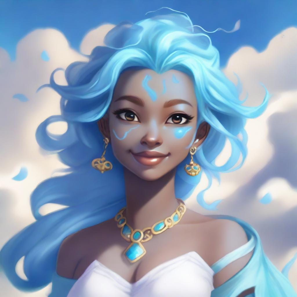 A cute female air genasi with wind-swept hair floating around her head