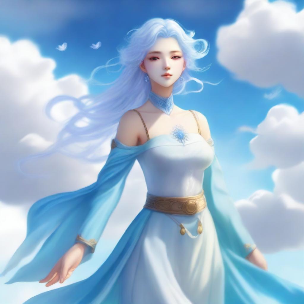 A female air genasi with hair formed by white clouds, giving her an ethereal and dreamy appearance