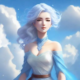 A female air genasi with hair formed by white clouds, giving her an ethereal and dreamy appearance