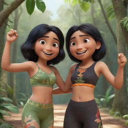 Two Disney-Pixar style characters interacting playfully. The first, an athletic girl in a gym suit, with black hair set in a jungle; a detailed, closeup shot. The second, a cute girl in a traditional Indian saree, with black hair.