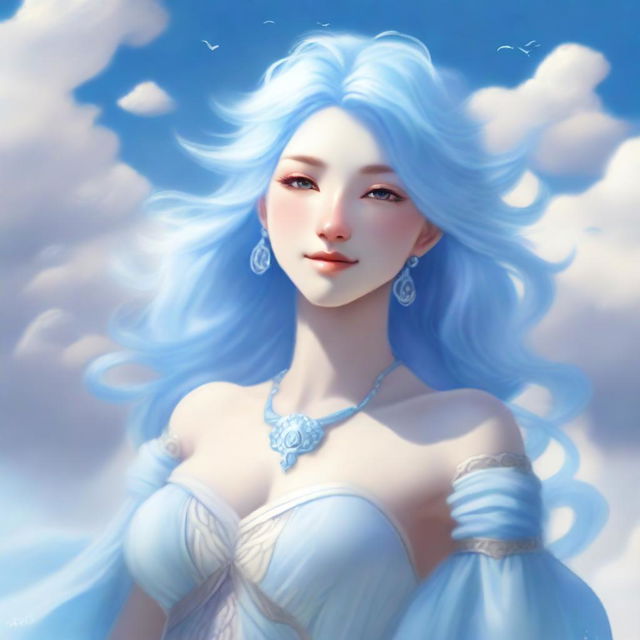 A female air genasi with hair formed by white clouds, giving her an ethereal and dreamy appearance