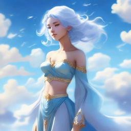 A female air genasi with hair formed by white clouds, giving her an ethereal and dreamy appearance