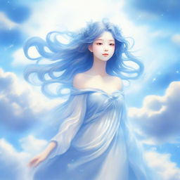 An air nymph with hair formed by clouds, giving her an ethereal and mystical appearance