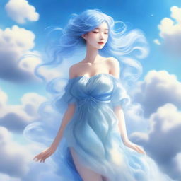 An air nymph with hair formed by clouds, giving her an ethereal and mystical appearance