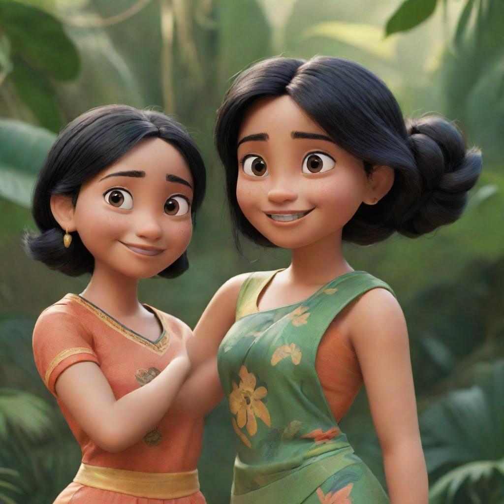 Two Disney-Pixar style characters interacting playfully. The first, an athletic girl in a gym suit, with black hair set in a jungle; a detailed, closeup shot. The second, a cute girl in a traditional Indian saree, with black hair.