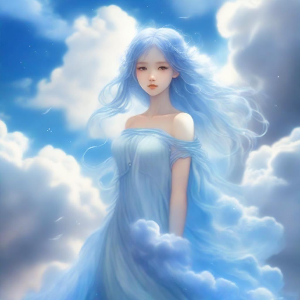 An air nymph with both her hair and dress formed by clouds, giving her an ethereal and mystical appearance