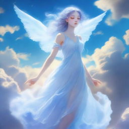 An air nymph with both her hair and dress formed by clouds, giving her an ethereal and mystical appearance