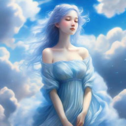 An air nymph with both her hair and dress formed by clouds, giving her an ethereal and mystical appearance