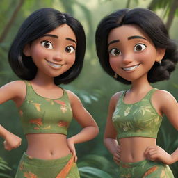 Two Disney-Pixar style characters interacting playfully. The first, an athletic girl in a gym suit, with black hair set in a jungle; a detailed, closeup shot. The second, a cute girl in a traditional Indian saree, with black hair.