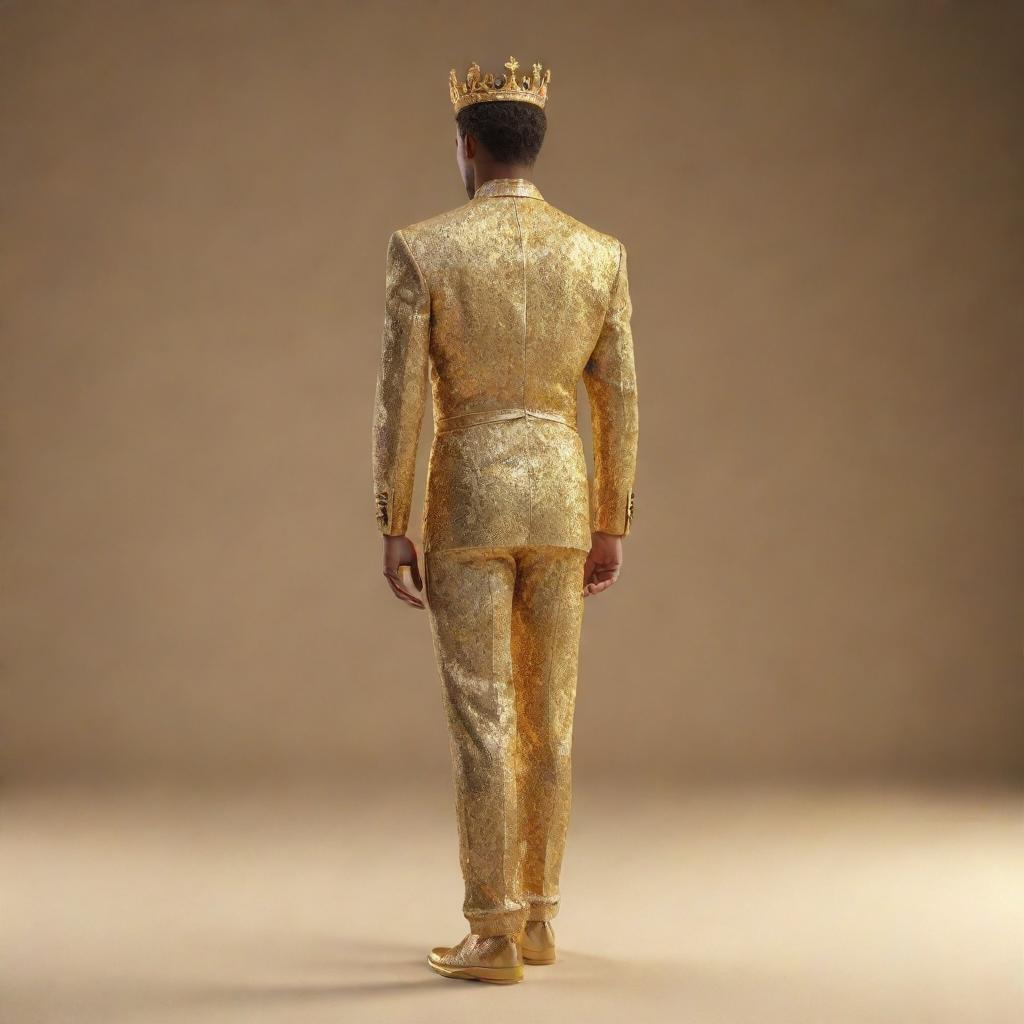 A golden 3D rendering of a young king, a pageant winner, standing with his back to the viewer. His regal poise and victorious demeanor is brilliantly highlighted in a radiant golden hue.