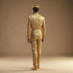 A golden 3D rendering of a young king, a pageant winner, standing with his back to the viewer. His regal poise and victorious demeanor is brilliantly highlighted in a radiant golden hue.