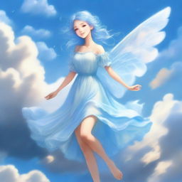 A cheerful, young air nymph with both her hair and dress formed by clouds, giving her an ethereal and mystical appearance