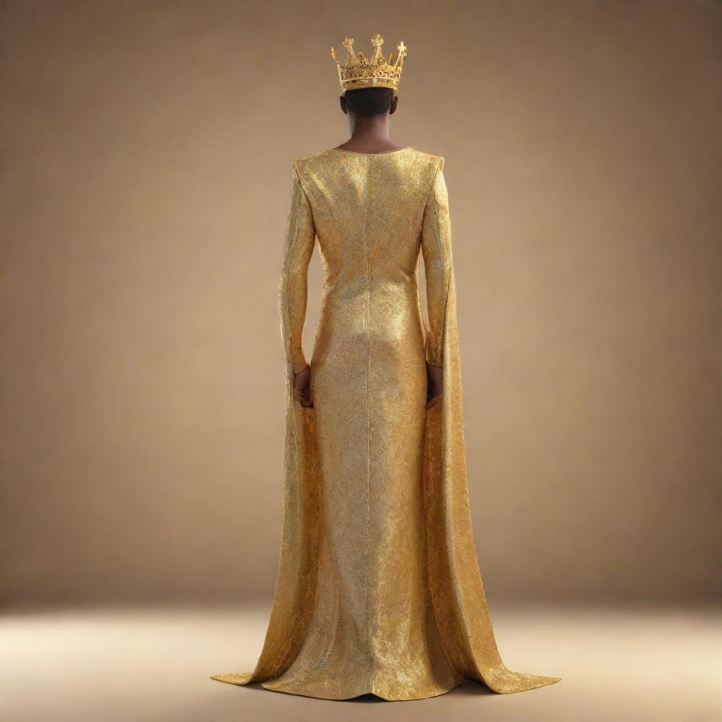 A golden 3D rendering of a young king, a pageant winner, standing with his back to the viewer. His regal poise and victorious demeanor is brilliantly highlighted in a radiant golden hue.