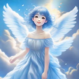 A cheerful, young air nymph with both her hair and dress formed by clouds, giving her an ethereal and mystical appearance