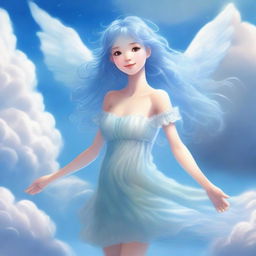 A cheerful, young air nymph with both her hair and dress formed by clouds, giving her an ethereal and mystical appearance