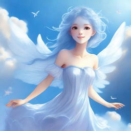 A cheerful, young air nymph with both her hair and dress formed by clouds, giving her an ethereal and mystical appearance