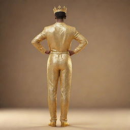 A golden 3D rendering of a young king, a pageant winner, standing with his back to the viewer. His regal poise and victorious demeanor is brilliantly highlighted in a radiant golden hue.