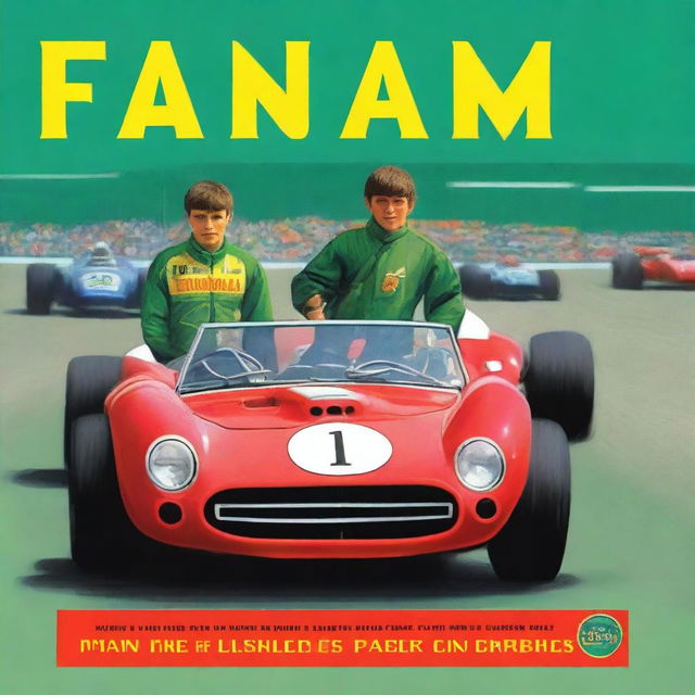 Capa de livro mostrando uma adolescente, seu irmão e o pai no autódromo de corridas de Fórmula 1