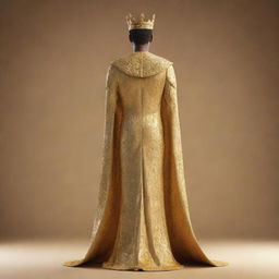 A golden 3D rendering of a young king, a pageant winner, standing with his back to the viewer. His regal poise and victorious demeanor is brilliantly highlighted in a radiant golden hue.