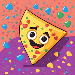 A vibrant cartoon of a Mexican corn tortilla chip, with bright colors and a fun, whimsical style