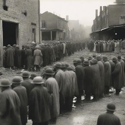 A historical depiction of the Great Depression, showing people in worn-out clothing standing in long lines for food, with a backdrop of dilapidated buildings and a sense of economic hardship