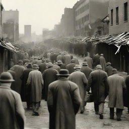 A historical depiction of the Great Depression, showing people in worn-out clothing standing in long lines for food, with a backdrop of dilapidated buildings and a sense of economic hardship